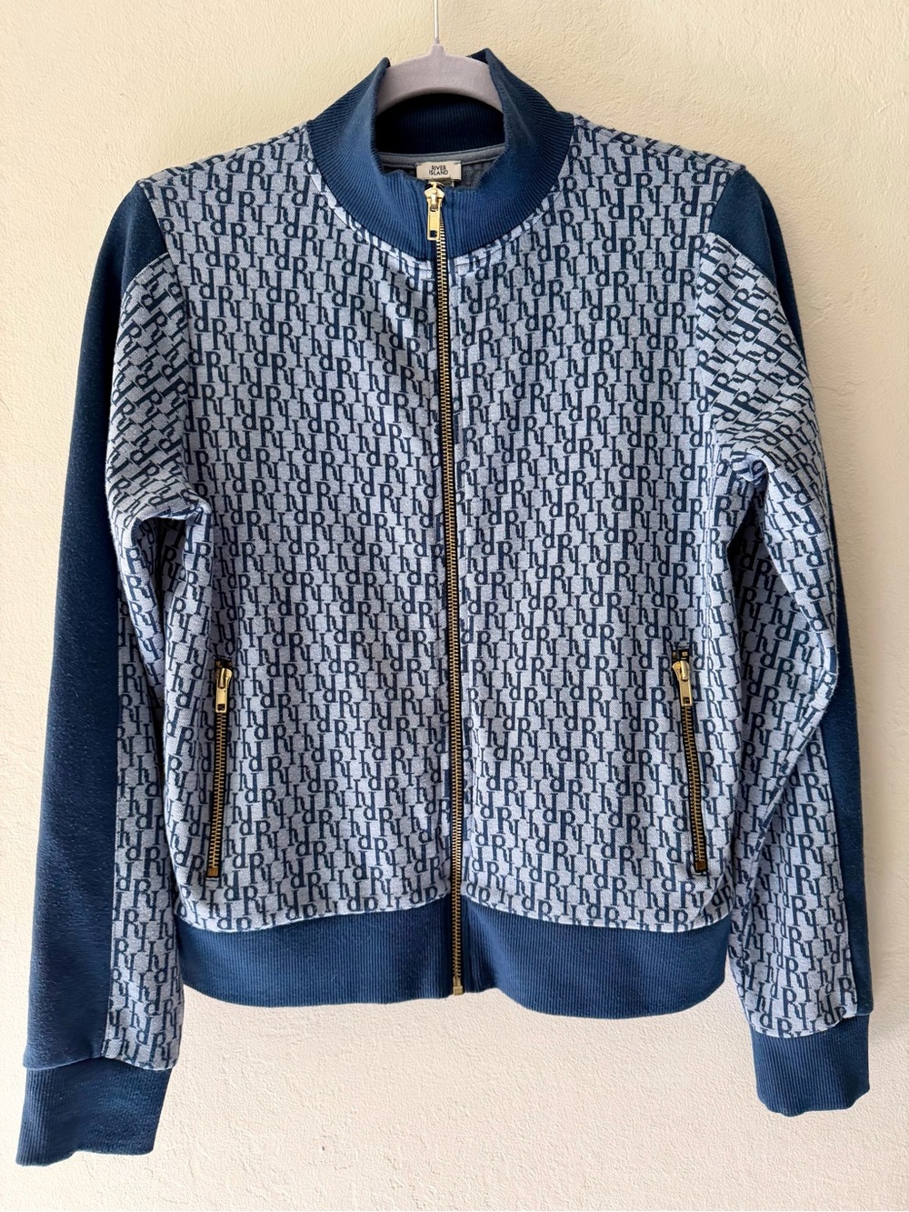 River Island Blue Monogram Jacquard Track Jacket Zip Up Top Size S
